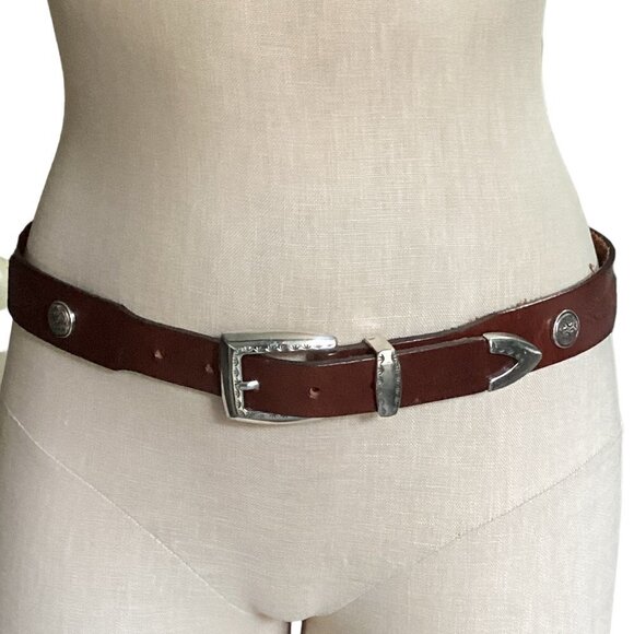 VTG Leegin USA 34-38 Western Belt Brown Hand Tooled Leather‎ Silver Conchos 29S main image 8